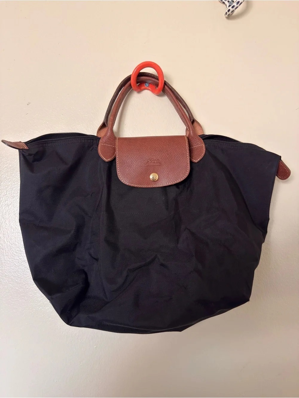 Longchamp Black Nylon Tote with Brown Leather Trim
